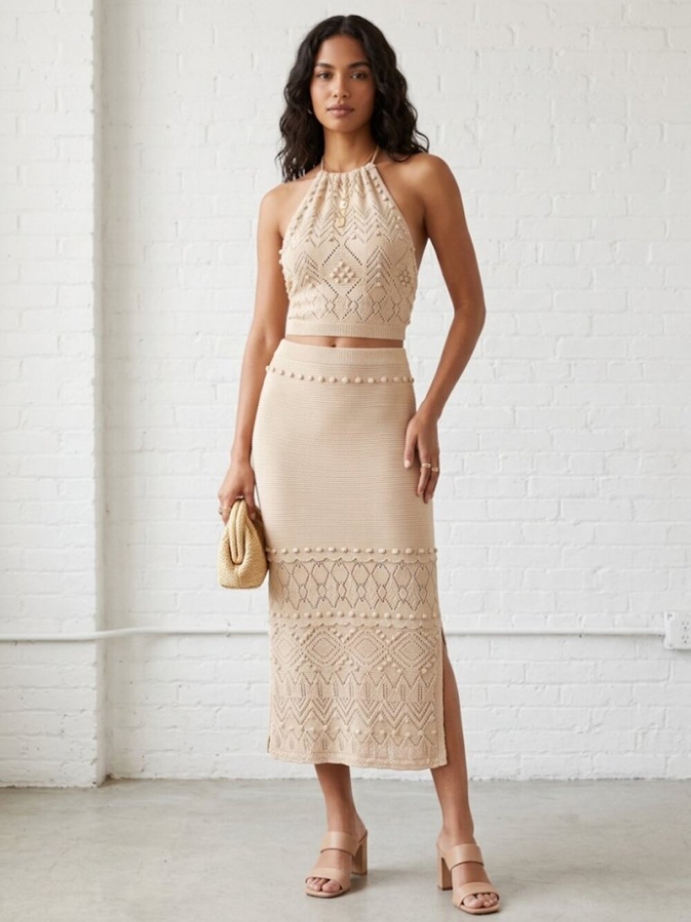 Intermix Dawson Pointelle Knit Halter & Midi Skirt Set Beige Resort Beachy
